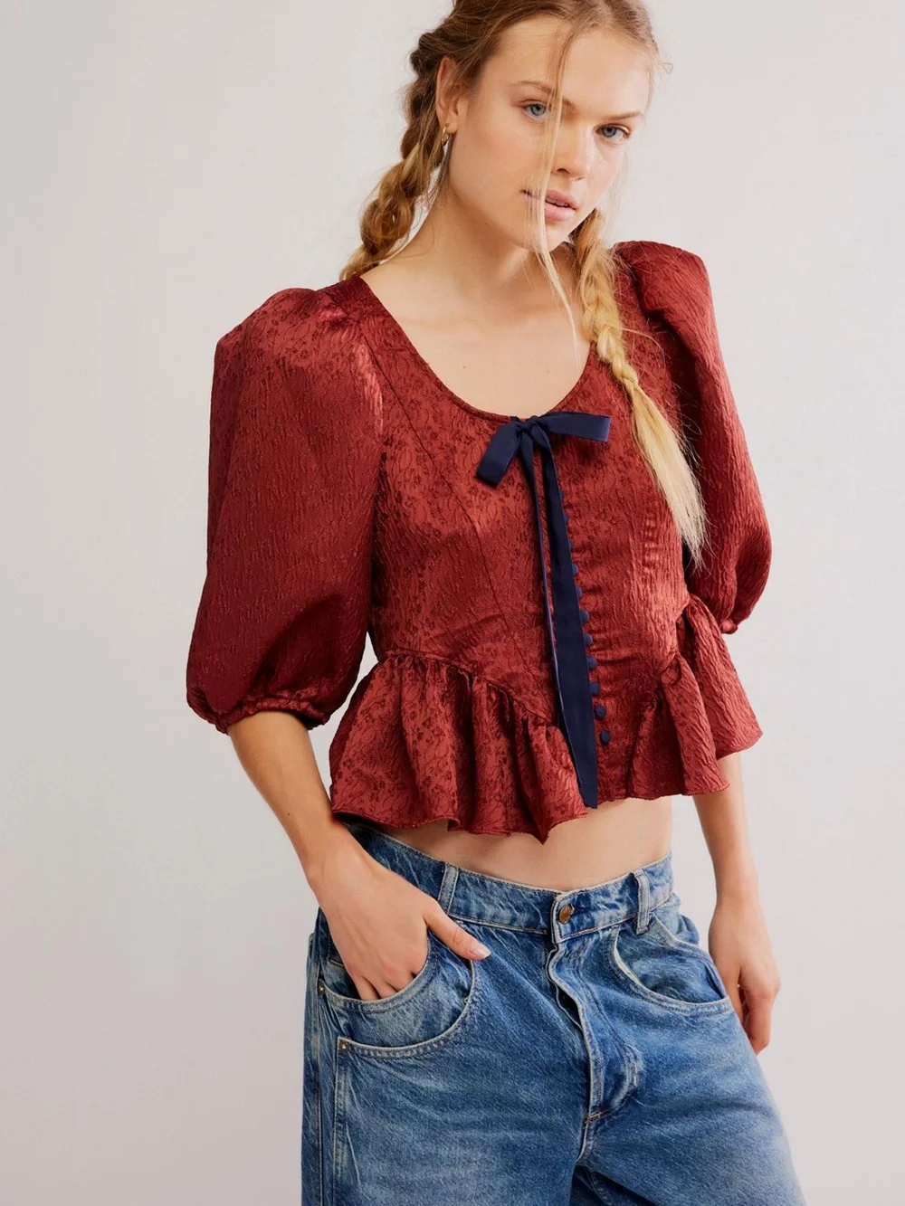 NWT Free People Pamela Bow Top Womens Rust Red Blouse with Navy Ribbon Size XS